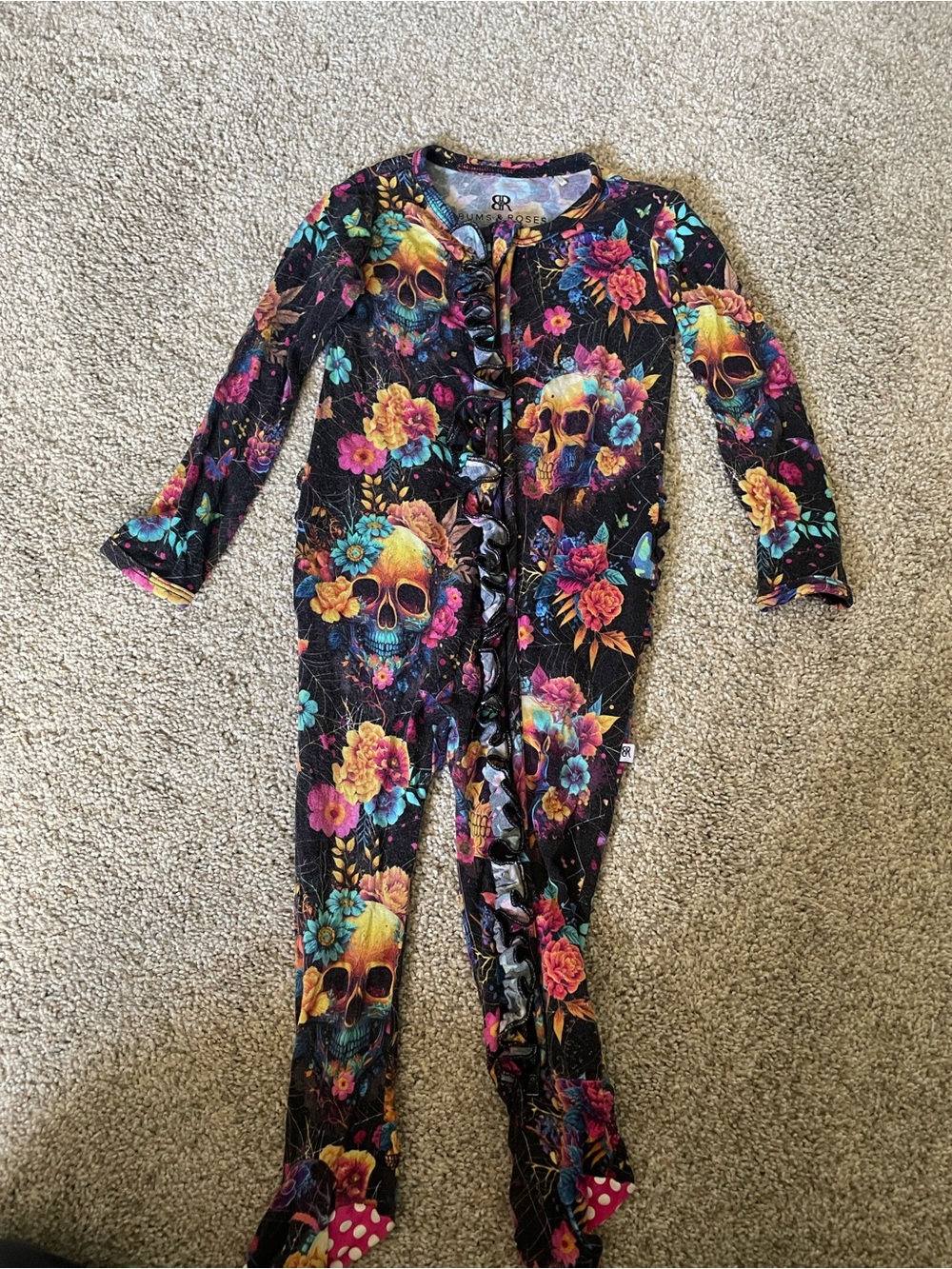 Girls Black Floral Skull Footed One-Piece Pajamas
